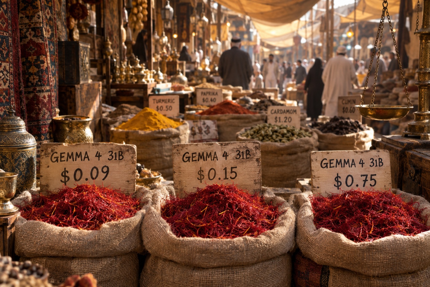 Three sacks of identical saffron side by side in a spice bazaar, each with a hand-lettered price board reading Gemma 4 31B at $0.09, $0.15 and $0.75.