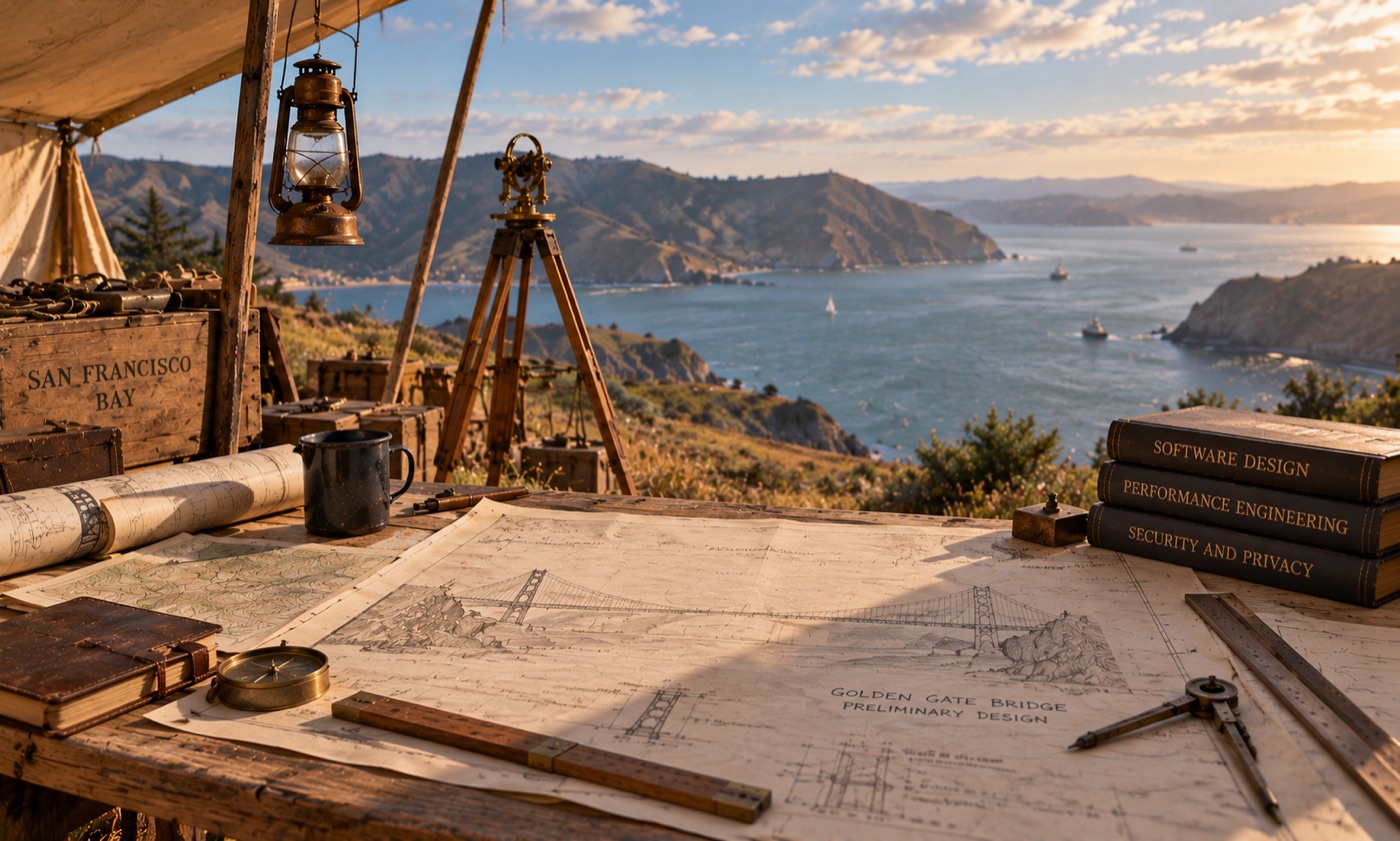 A survey camp on the headlands above the Golden Gate before the bridge was built, with a preliminary design drawing of the bridge on a table beside books on software design, performance engineering, and security and privacy