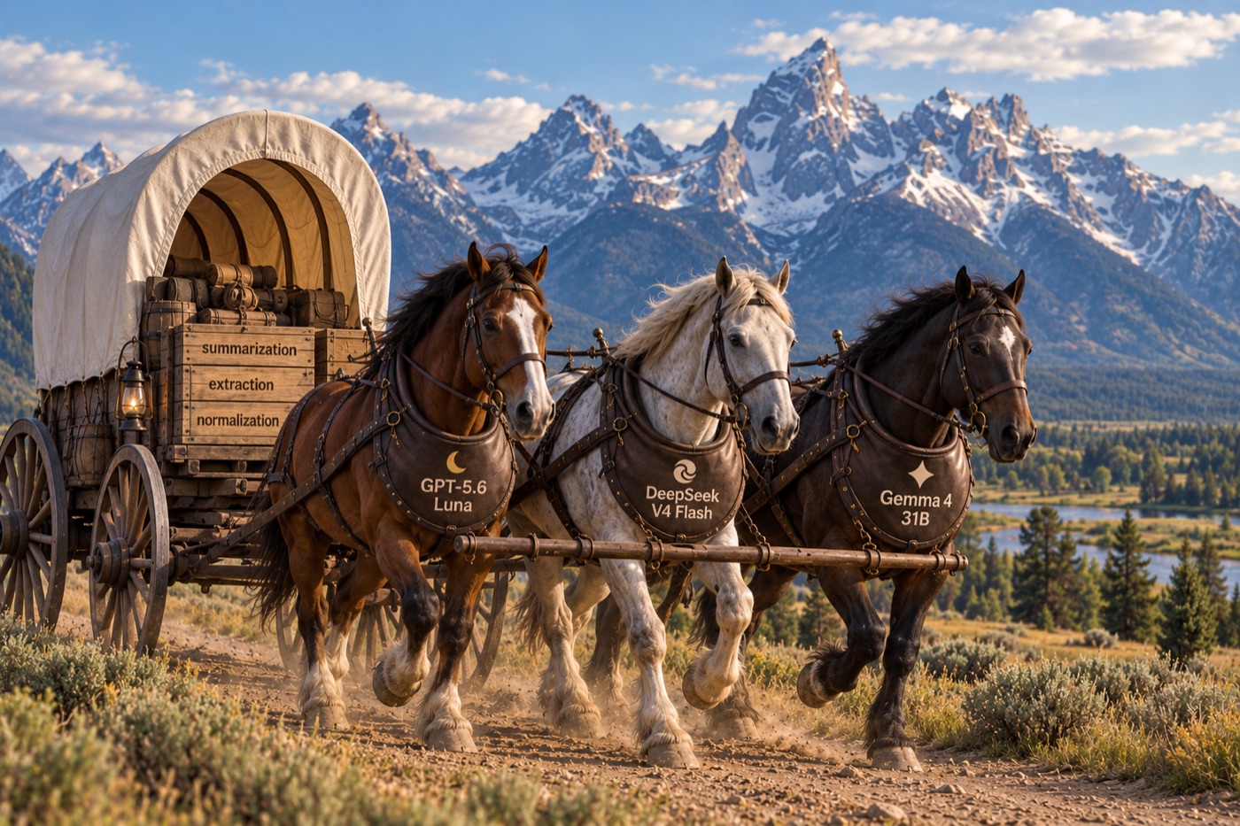 Three draft horses in harness, labelled GPT-5.6 Luna, DeepSeek V4 Flash and Gemma 4 31B, pulling a covered wagon loaded with crates marked summarization, extraction and normalization.