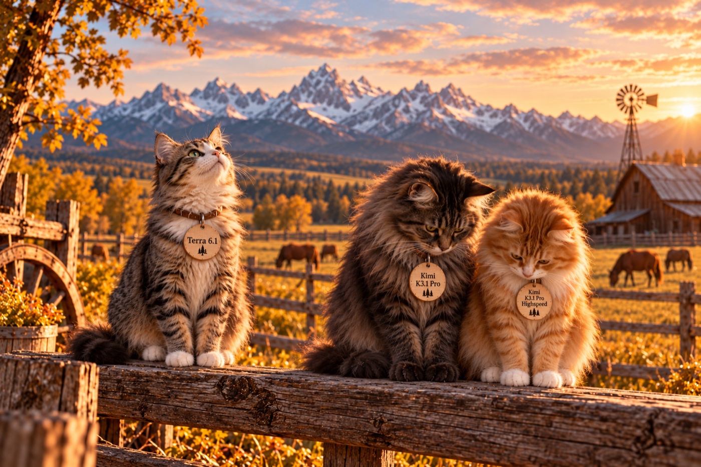 Three cats on a ranch at sunset: Terra 6.1 sits slightly apart looking up, while Kimi K3.1 Pro and Kimi K3.1 Pro Highspeed sit together looking down