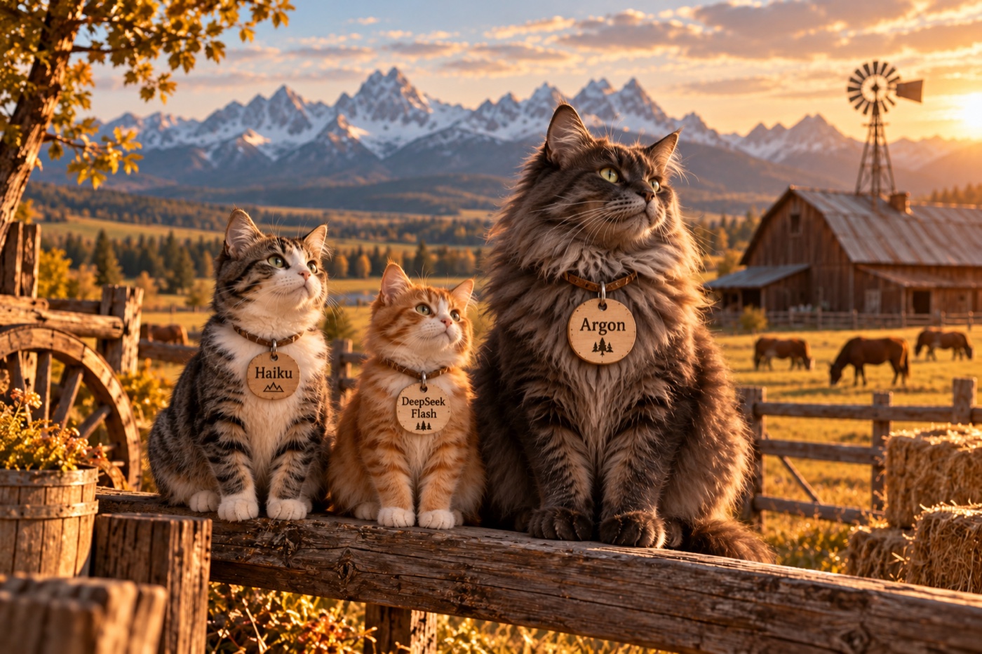Three cats on a ranch at sunset wearing tags labelled Haiku, DeepSeek Flash and Argon, with mountains and a windmill behind them