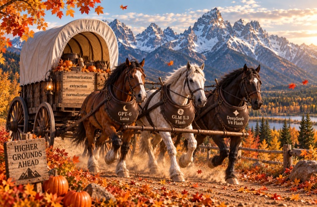 Three draft horses in harness, labelled GPT-6 Luna, GLM 5.3 Flash and DeepSeek V4 Flash, pulling a covered wagon along an autumn mountain road.