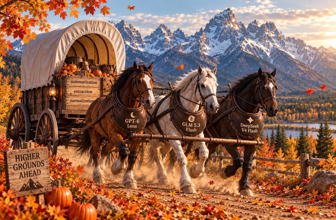 Three draft horses in harness, labelled GPT-6 Luna, GLM 5.3 Flash and DeepSeek V4 Flash, pulling a covered wagon of crates marked summarization, extraction and normalization along an autumn road beneath snow-capped mountains.