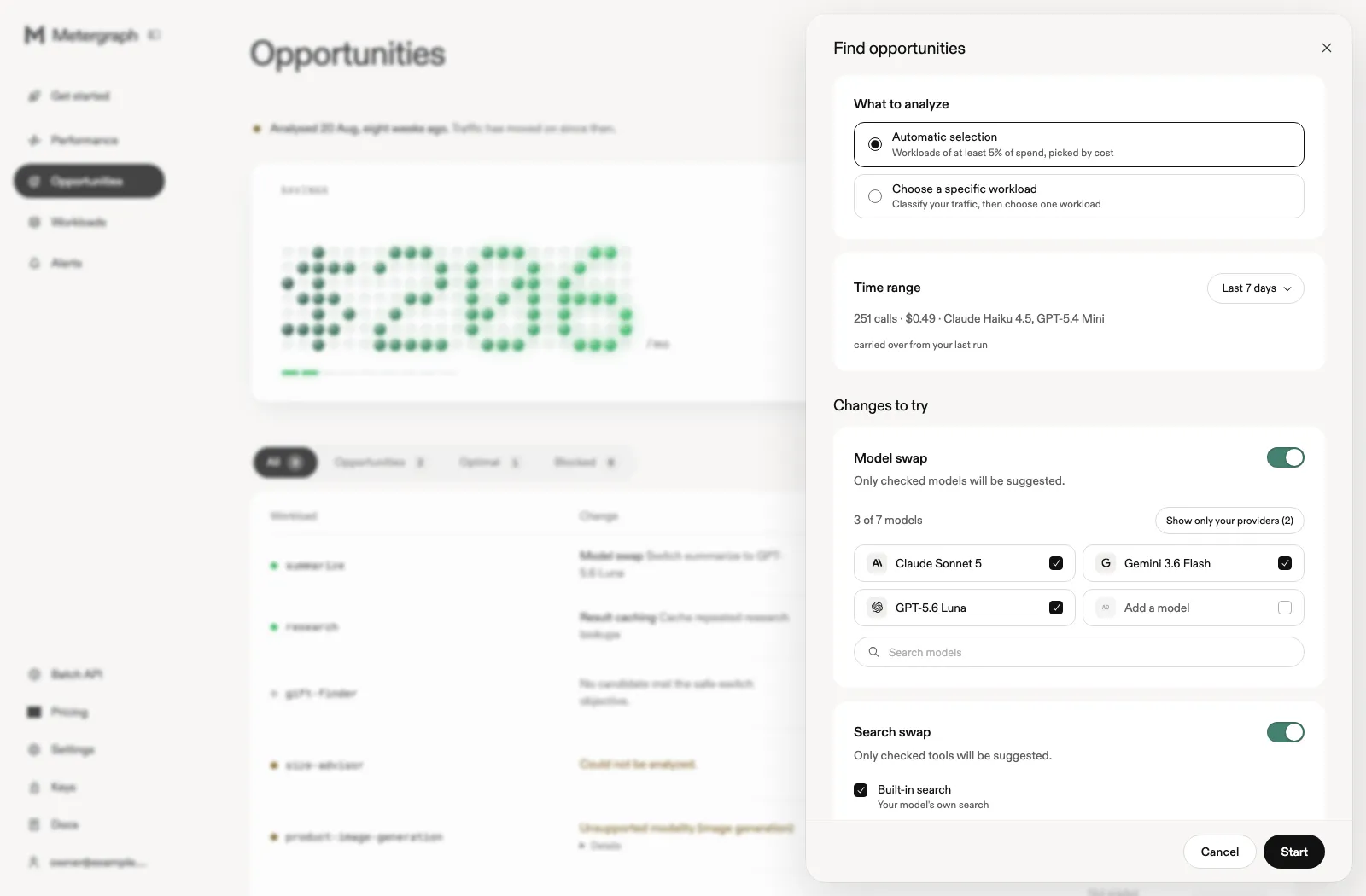 The Find opportunities panel for choosing traffic, model candidates, and search options
