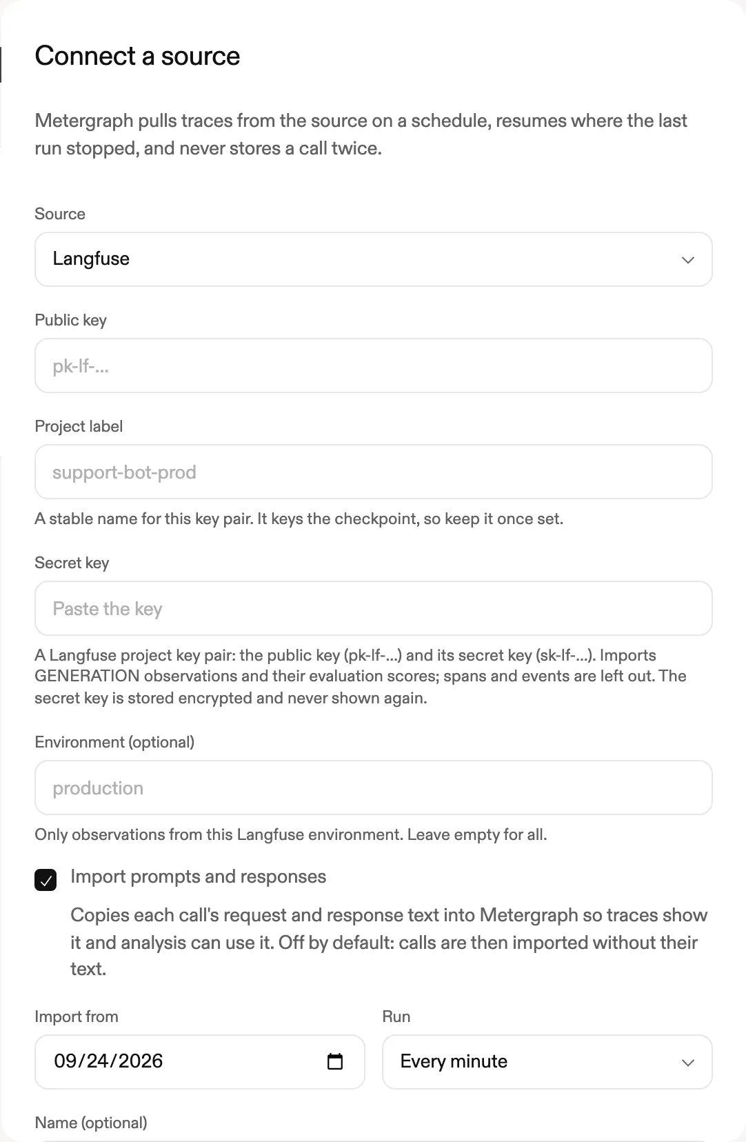 The Imports page Connect dialog with Langfuse chosen and Import prompts and responses ticked