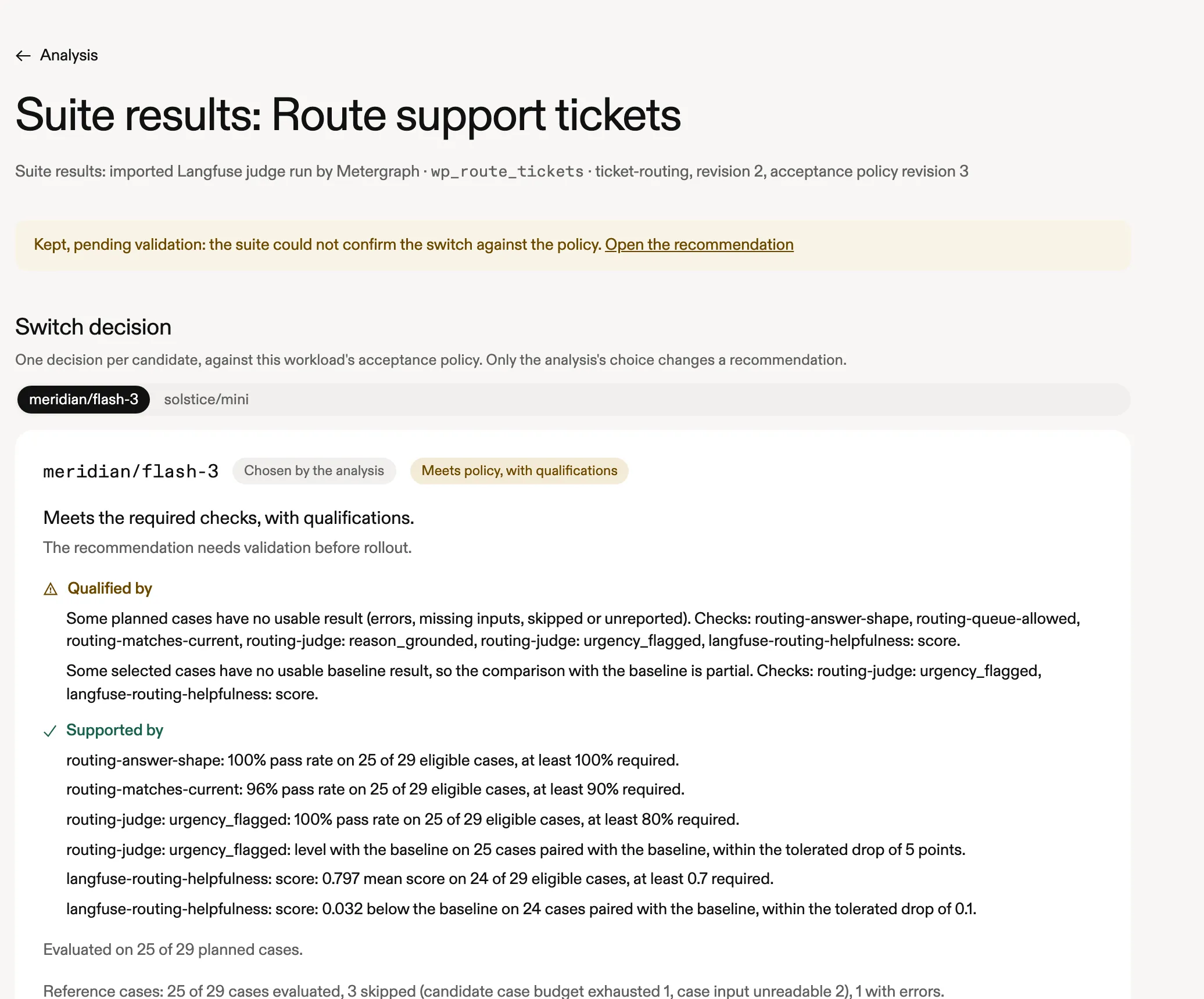 The suite results page: a switch that meets the policy with qualifications, and why